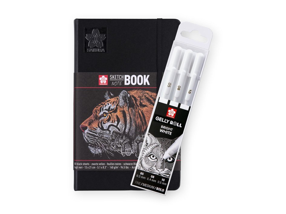 Sakura Sketchbook Black + 3 stk Hvit Gelly Roll Tegne.no