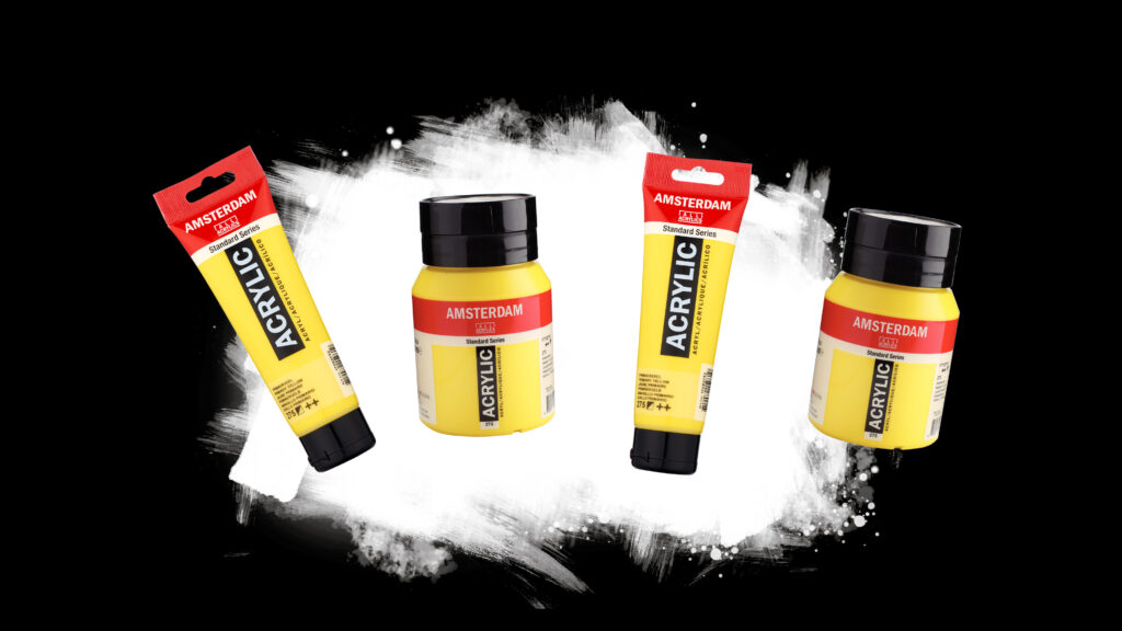 Fire gule Amsterdam akrylmalingstuber og flasker