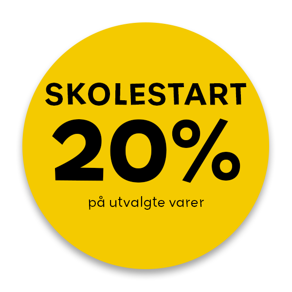 Gul sirkel med svart tekst som annonserer "Skolestart 20% på utvalgte varer".