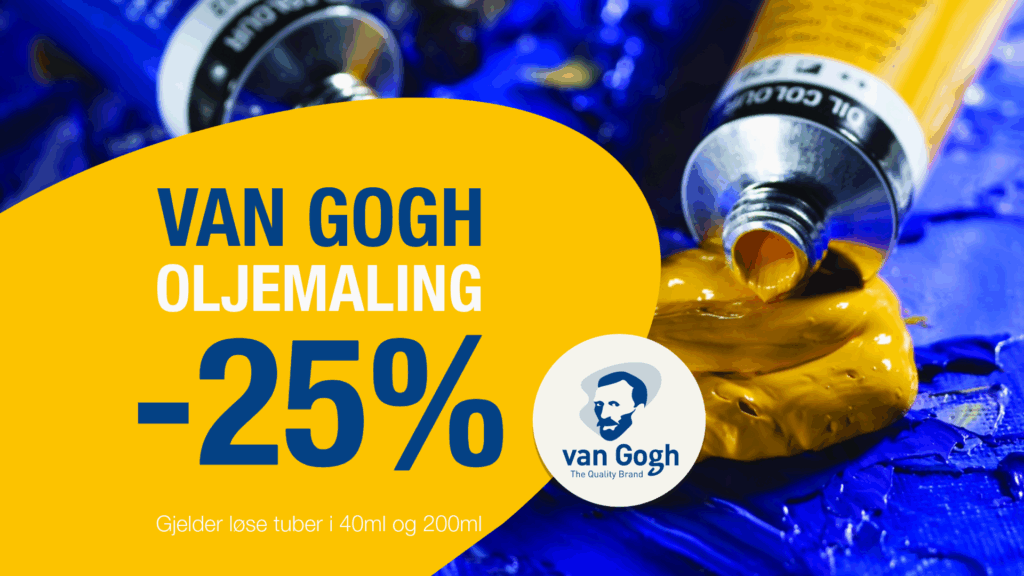 ube med gul oljemaling klemmes ut på blå bakgrunn med tekst om 25 % rabatt på Van Gogh oljemaling.