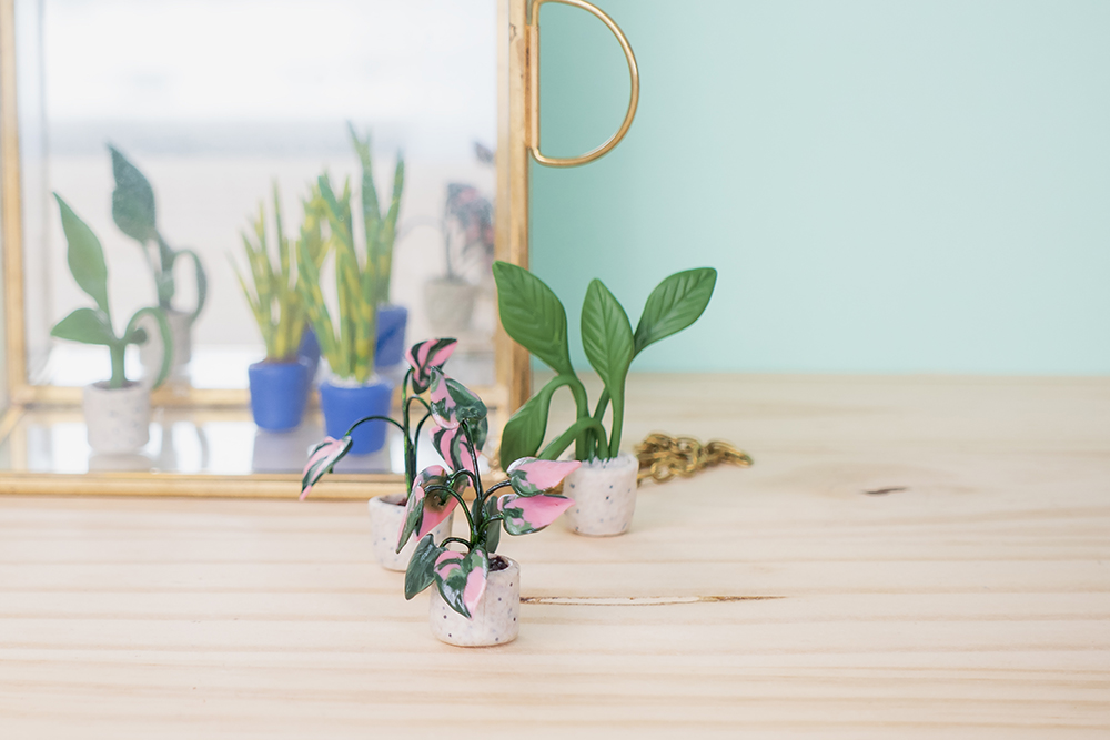 Små Cernit-miniatyrplanter i potter foran et speil på trebord.