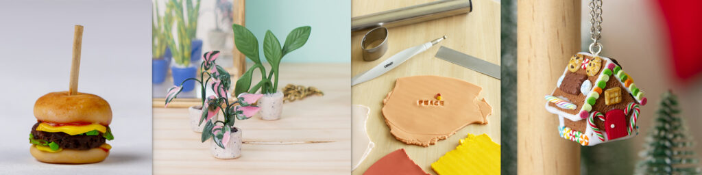 Fire miniatyrfigurer laget av Cernit-leire: burger, planter, arbeidsflate og pepperkakehus.