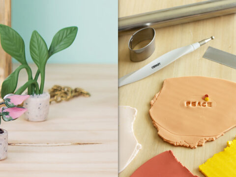 Fire miniatyrfigurer laget av Cernit-leire: burger, planter, arbeidsflate og pepperkakehus.