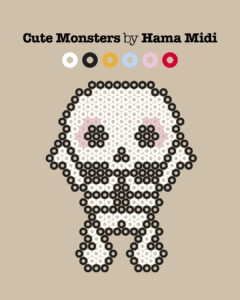 Mønster av en søt skjelettfigur laget av svarte, hvite og rosa perler, med teksten «Cute Monsters by Hama Midi» over.