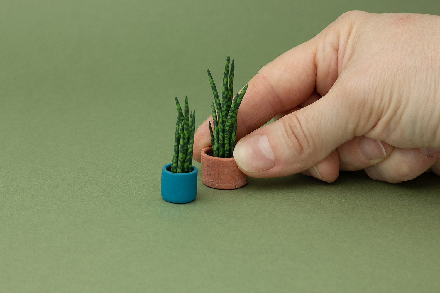Hånd plasserer to små miniatyrplanter i fargede potter på grønn bakgrunn.