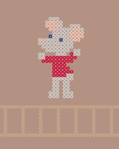 Illustrasjon av Hama-perlemus i grått, rosa og rødt på brun bakgrunn.