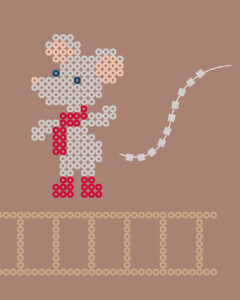 Illustrasjon av Hama-perlemus i grått og rødt med løs hale på brun bakgrunn.