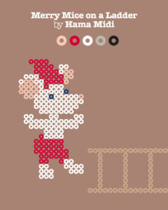 Illustrasjon av en hvit og rød Hama-perlemus med nisselue på brun bakgrunn.