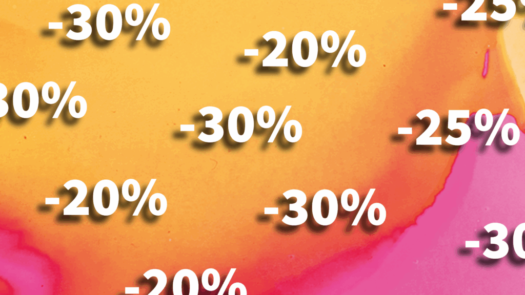 Gjenta teksten -20% / -25% / -30% prosent i hvitt over abstrakt bakgrunn i gult, oransje og rosa.