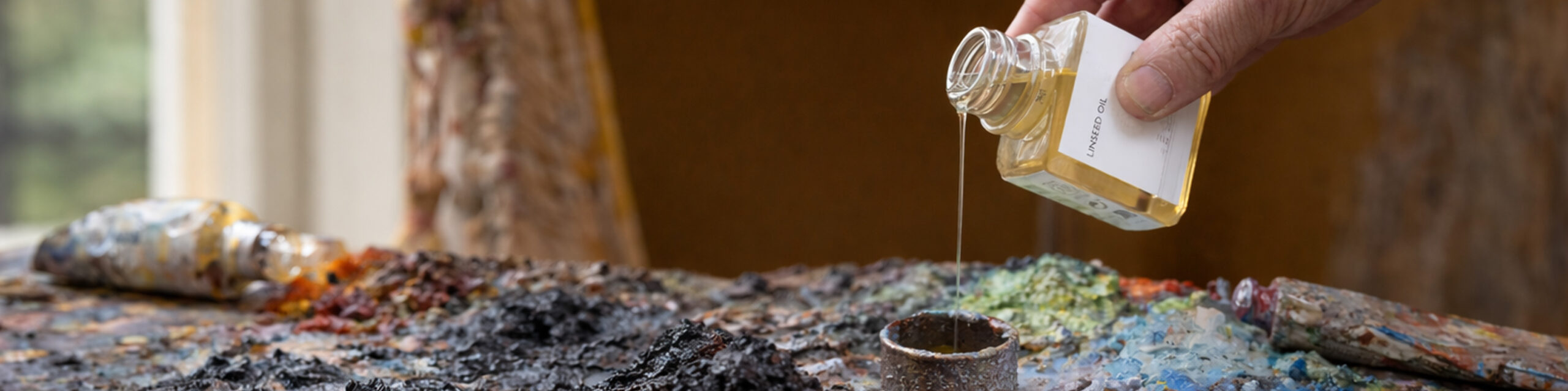 Hånd som heller linolje fra flaske over malepalett med oljefarger.