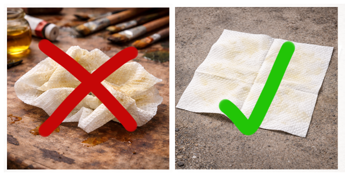 Sammenligningsbilde av oljefillete papir, med rødt kryss på sammenkrøllet papir og grønn hake på flatt papir.