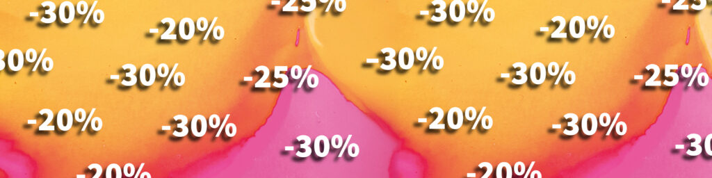 Grafisk bakgrunn i gult og rosa med gjentatte prosentsatser som viser rabattnivåer.