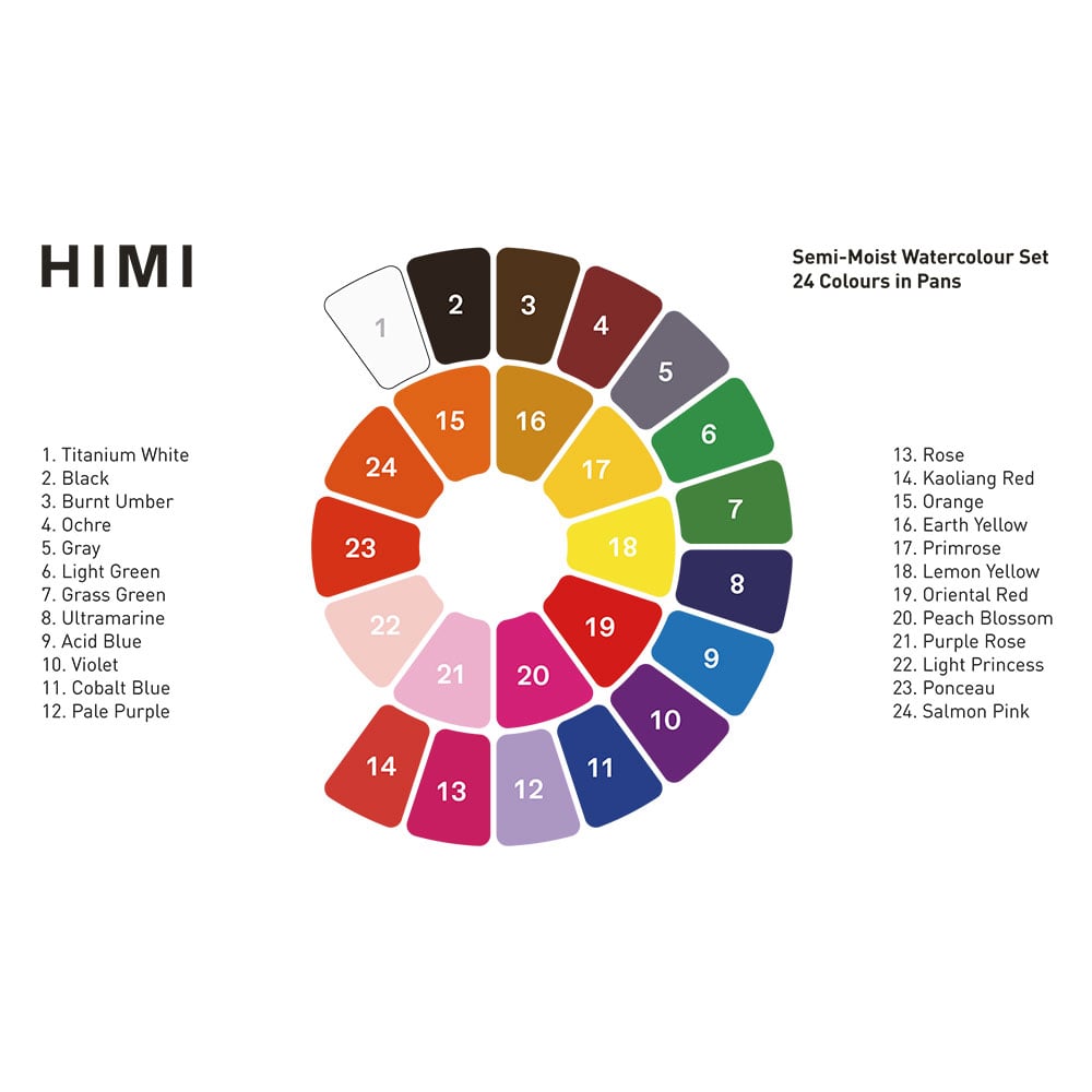 HIMI Semi-Moist Watercolour Akvarell Sett - 24stk + pensel - Bilde 7