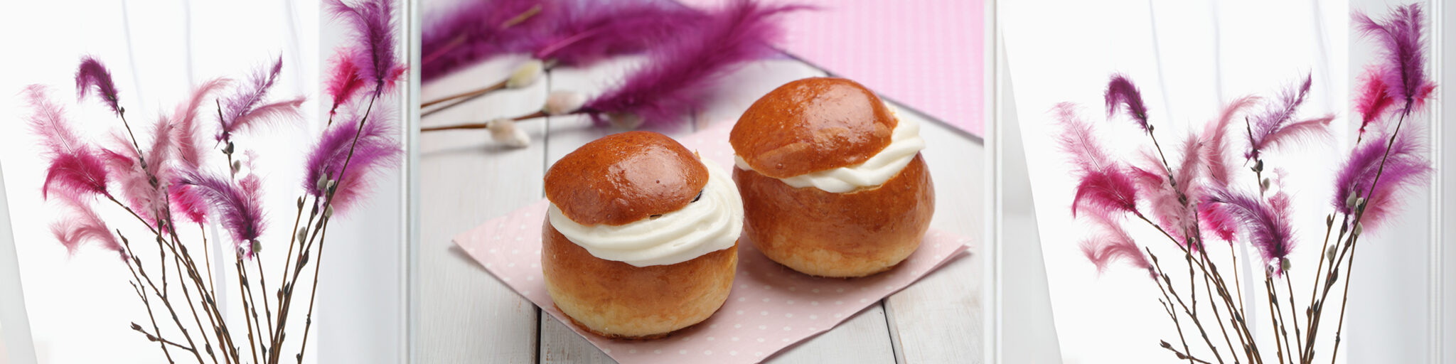 Kollasj med fastelavnsris og fastelavnsboller.